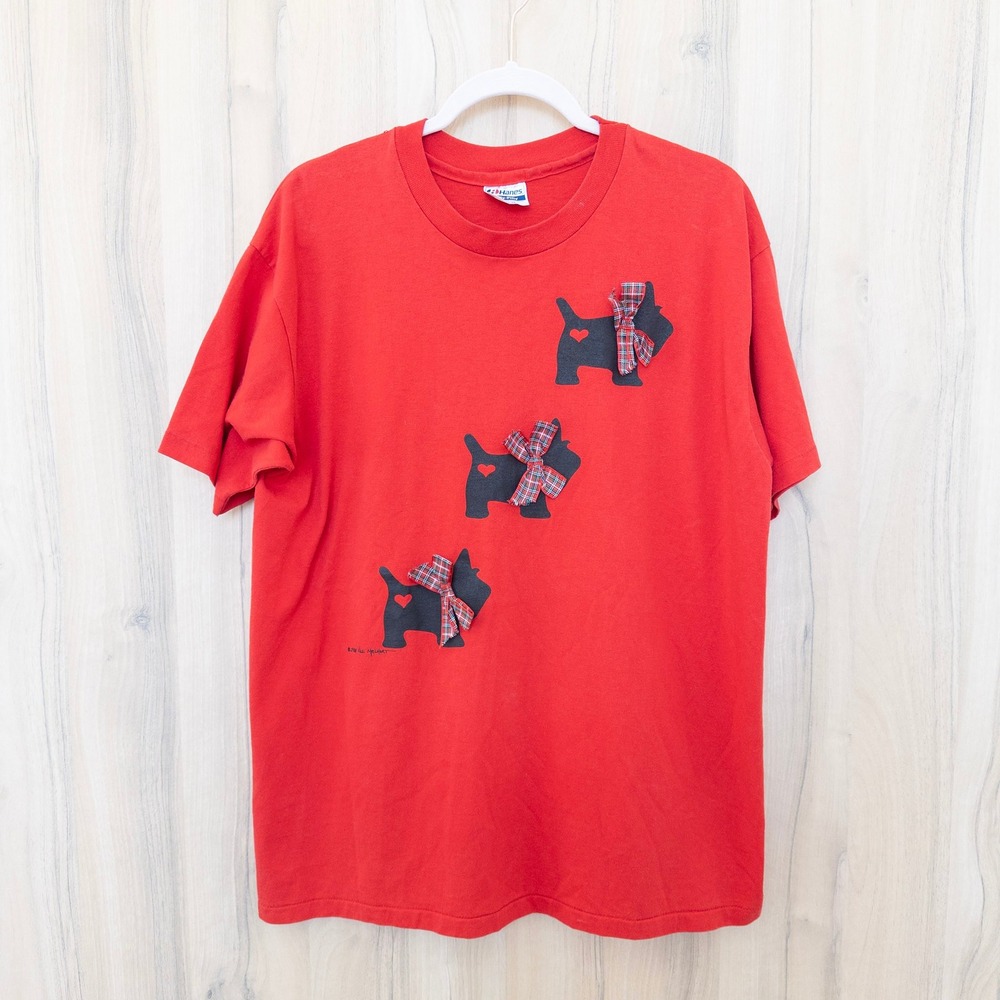 VTG 80s Hanes Women T-Shirt Size XL Red Dog Print Scottish Terrier Holiday Retro